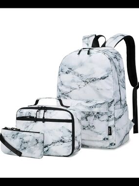 Amazon Essentials White Marble Print 3-Piece Backpack Set